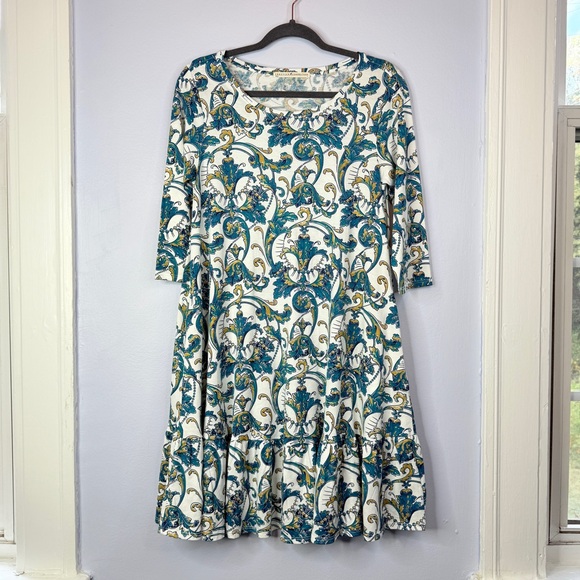 Like New! Peruvian Connection long sleeve white blue paisley short dress size S - Picture 2 of 8